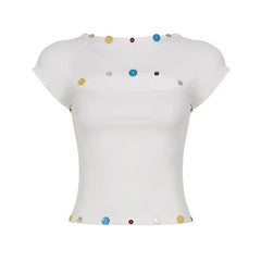 Short Sleeve Button Detail Cut-Out Slim-Fit Crop T-Shirt