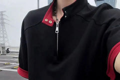 Elbow-Sleeve Stand Collar Contrast Trim Half-Zip T-Shirt