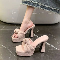 Platform Knotted Tweed Block Heel Slide Sandals
