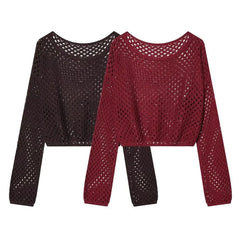 Long-Sleeve Boatneck Perforated Plain Knit Top