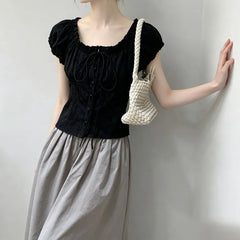 Puff Sleeve Scoop Neck Lace-TRim Tie-Front Slim-Fit Top