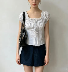 Puff Sleeve Scoop Neck Lace-TRim Tie-Front Slim-Fit Top