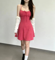 Set:  Spaghetti Strap Dotted Mini A-Line Dress + Light Scarf