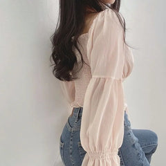 Cinched Sleeve Square Neck Plain Ruched Tie Front Blouse