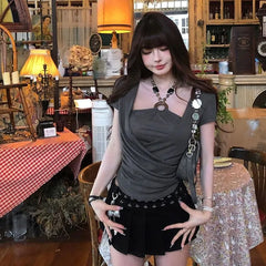 Mock Two-Piece Short-Sleeve Halter-Neck Beaded Strap Shirred Top
