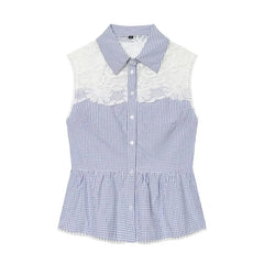 Sleeveless Lace Panel Gingham Check Shirt