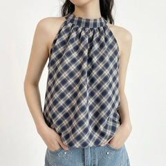 Halter Neck Plaid Bubble Hem Top