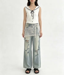 Sailor Collar Contrast Trim Tie Front Button-Up Sweater Vest