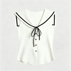 Sailor Collar Contrast Trim Tie Front Button-Up Sweater Vest