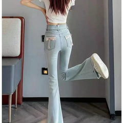 High Waist Washed Bow Flared Jeans