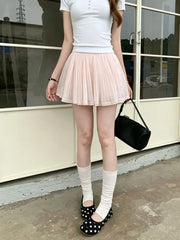 High Waist Plain Lace Trim Pleated Mini A-Line Skirt
