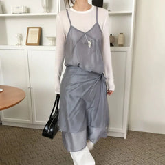Set: Spaghetti Strap V-Neck Plain Mesh Midi A-Line Dress + Wrap Skirt