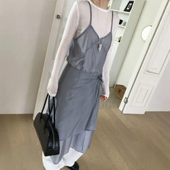 Set: Spaghetti Strap V-Neck Plain Mesh Midi A-Line Dress + Wrap Skirt