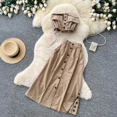 Set: Plain Flap Pocket Drawstring Button Padded Cropped Tube Top + High Waist Slit Midi A-Line Skirt