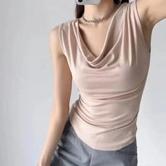 Cowl Neck Plain Slim Fit Crop Tank Top