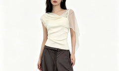 Sheer Scarf Detail Ruched Knit Crop Tank Top