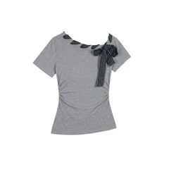 Short Sleeve Asymmetric Neckline Tie Front Slim-Fit T-Shirt