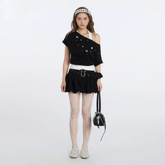 Short Sleeve Mock Two Piece Cold Shoulder Color-Block Slim-Fit Top