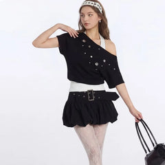 Short Sleeve Mock Two Piece Cold Shoulder Color-Block Slim-Fit Top