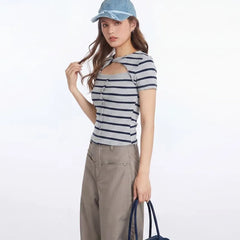 Short Sleeve Crew Neck Striped Cut-Out Twisted Button Front Slim-Fit T-Shirt