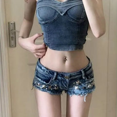 Low Rise Studded Denim Hot Pants