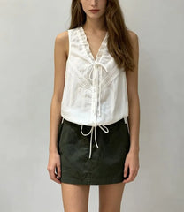 V-Neck Lace-Trim Tie-Front Loose-Fit Tank Top