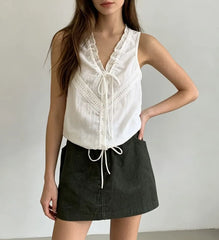 V-Neck Lace-Trim Tie-Front Loose-Fit Tank Top