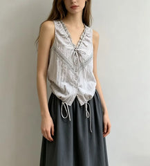 V-Neck Lace-Trim Tie-Front Loose-Fit Tank Top