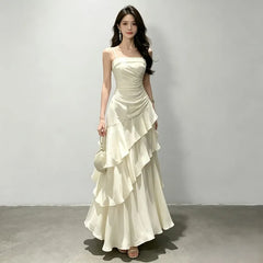 Spaghetti Strap Plain Ruched Ruffle Trim Maxi A-Line Dress