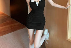 Spaghetti Strap Halter Neck Mock Two Piece Ruched Mini Bodycon Dress