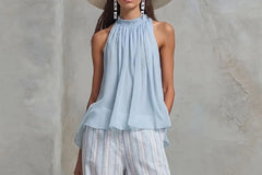 Halter Neck Plain Sheer Tank Top / High Waist Striped Loose-Fit Wide-Leg Pants