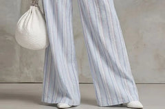Halter Neck Plain Sheer Tank Top / High Waist Striped Loose-Fit Wide-Leg Pants