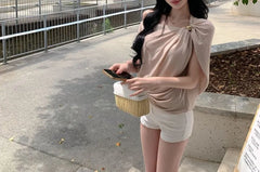 Sleeveless One Shoulder Plain Ruched Top
