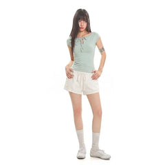 Cap Sleeve Tie Neck Plain Keyhole Top