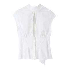 Sleeveless Collared Tie Neck Cutout Blouse