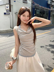 Halter Cowl Neck Striped Mock Two Piece Top