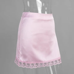 High Waist Lace Trim Satin Mini Skirt
