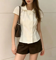 Cap Sleeve Collar Plain Slim-Fit Shirt
