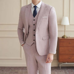Set: Lapel Collar Plain Button Up Blazer + V-Neck Button Up Vest + Mid Rise Straight Leg Dress Pants