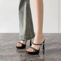 High Heel Rhinestone Slide Sandals