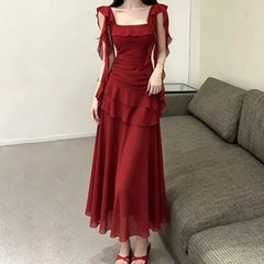 Ruffle Trim Sleeveless Square Neck Plain Maxi A-Line Dress