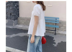 Short Sleeve Round Neck Plain Bow Ruffle Blouse