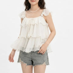 Cap-Sleeve Square Neck Ruffle Sheer Plain Crop Blouse