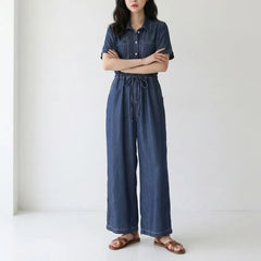 Short-Sleeve Button-Up Drawstring Denim Jumpsuit