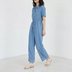 Short-Sleeve Button-Up Drawstring Denim Jumpsuit