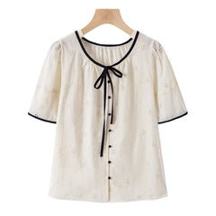 Short-Sleeve Flower Embroidered Bow Blouse