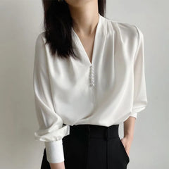 Long-Sleeve V-Neck Plain Faux Pearl Satin Blouse