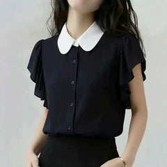 Short-Sleeve Two Tone Ruffle Shirt