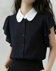 Short-Sleeve Two Tone Ruffle Shirt