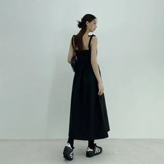 Sleeveless Square Neck Plain Bow Accent Midi A-Line Dress